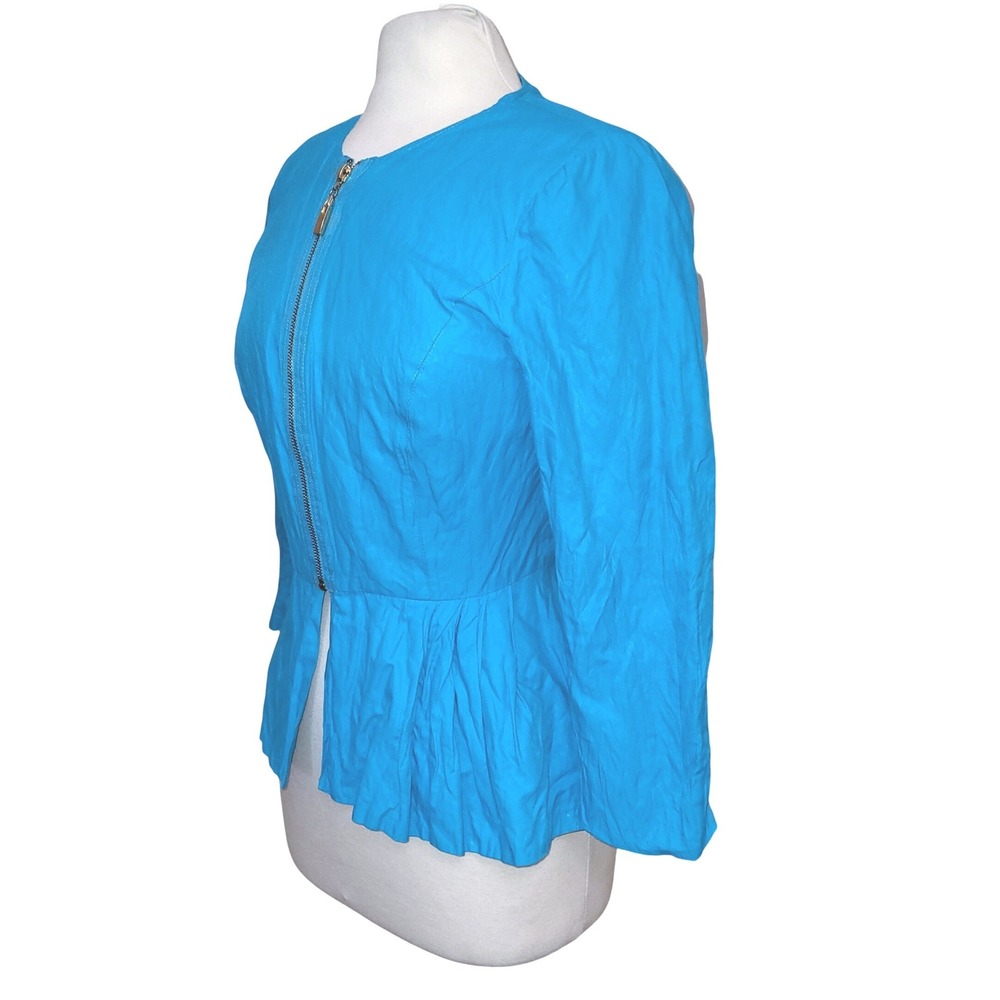 Anthropologie Luii Turquoise Blue Crepe Fitted Peplum Zip Up Jacket Blazer M - Picture 2 of 8